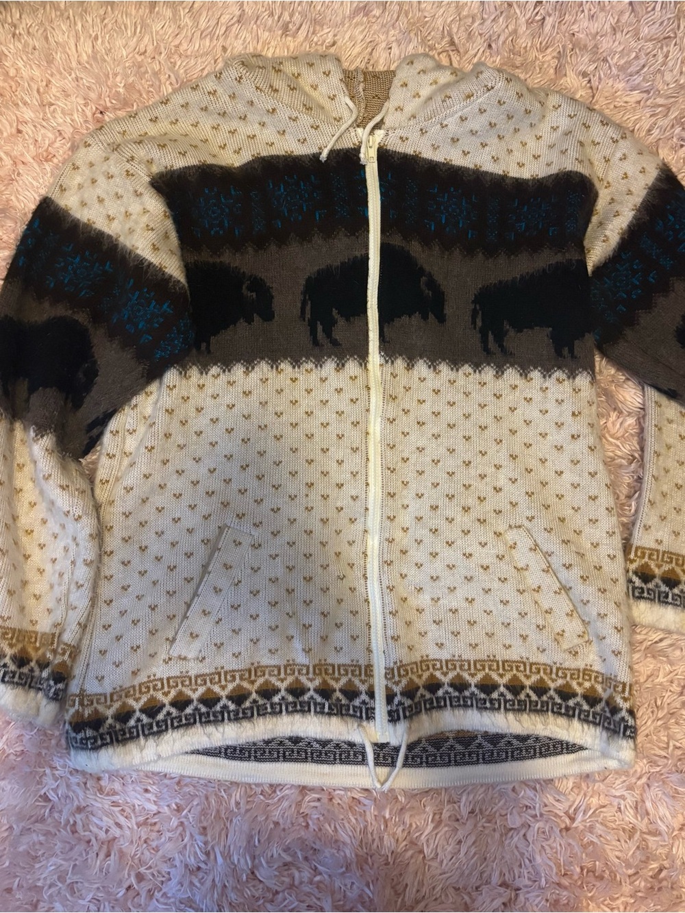 Vintage Earth Ragz Bison Buffalo Hooded Sweater Jacket Aztec Knit Zip Up